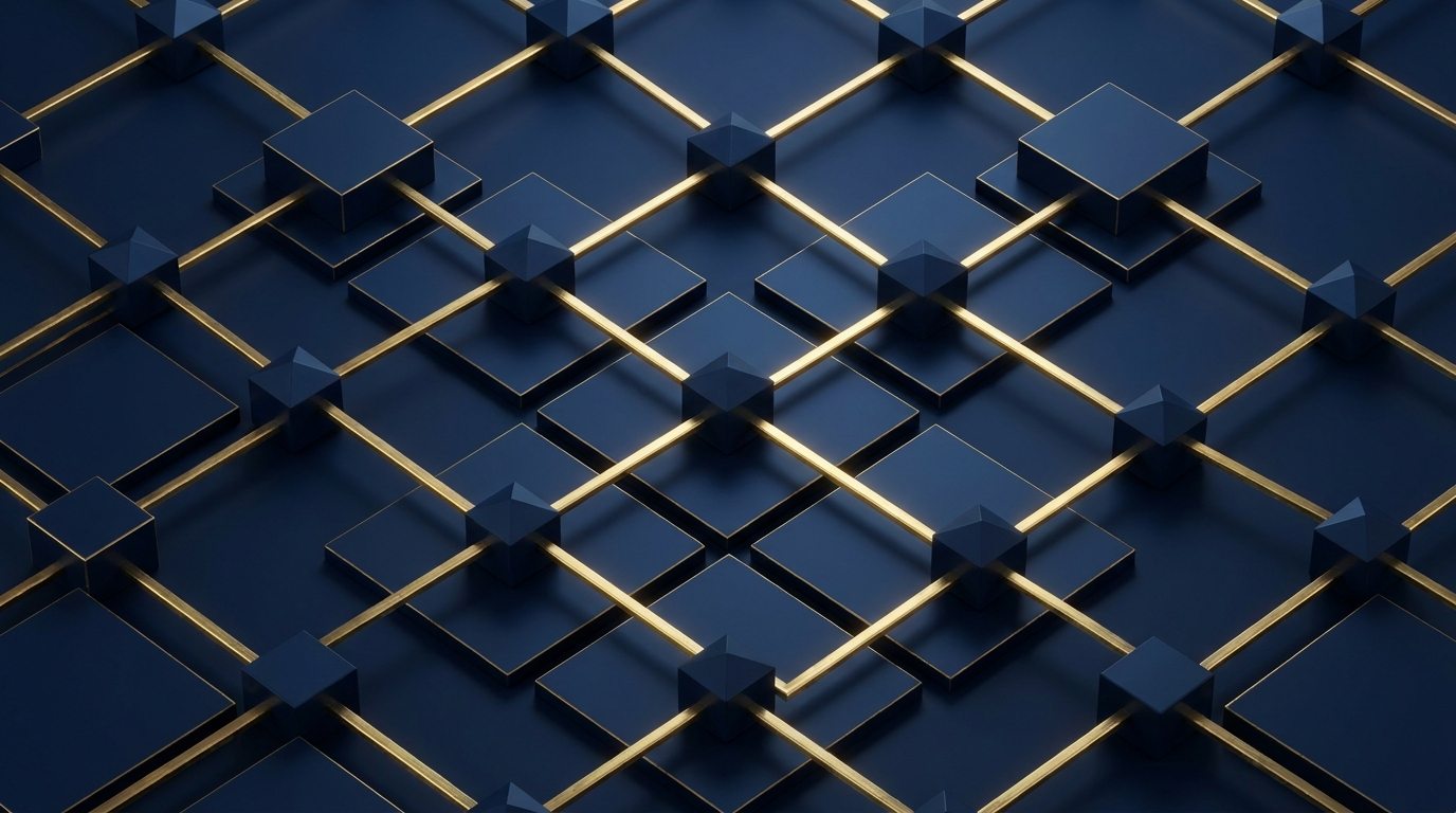 Abstraktes Netzwerk aus geometrischen Knoten und goldenen Verbindungen
